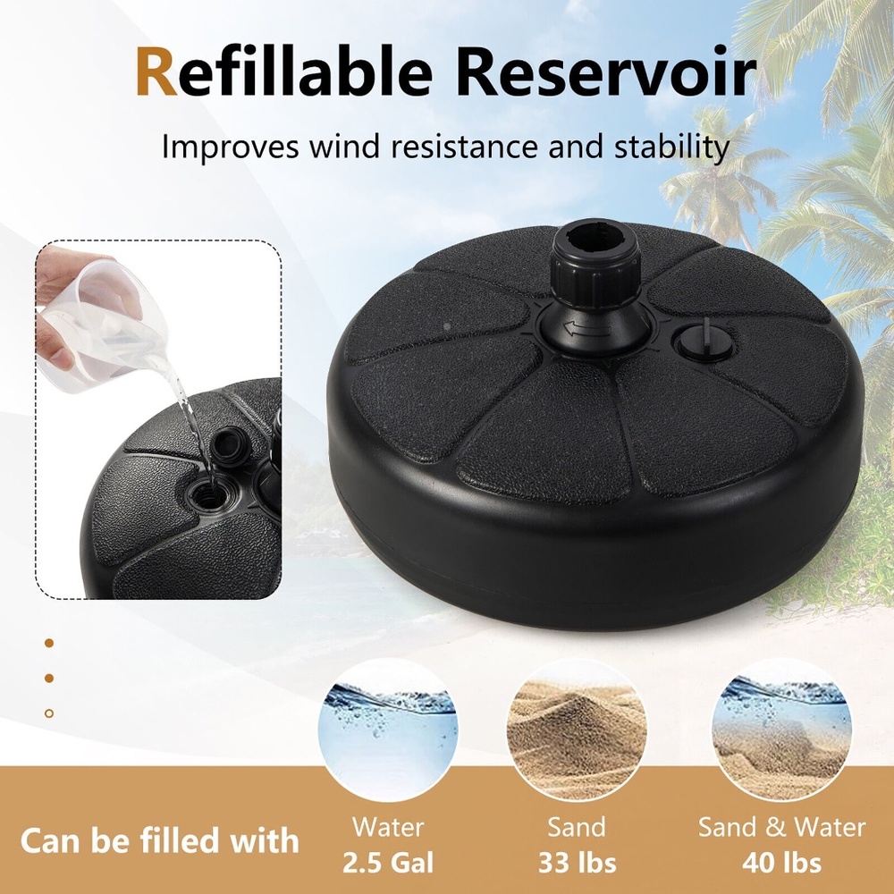 Patio Umbrella Base, Fillable, Round Stand, Fit Pole 1.5'' Holder 40 lbs, Black